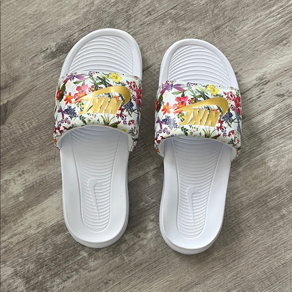 Nike White Floral Slides with Gold Logo